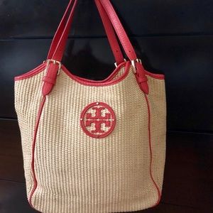 TORY BURCH STRAW w/Coral Leather Trim Shoulder Bag